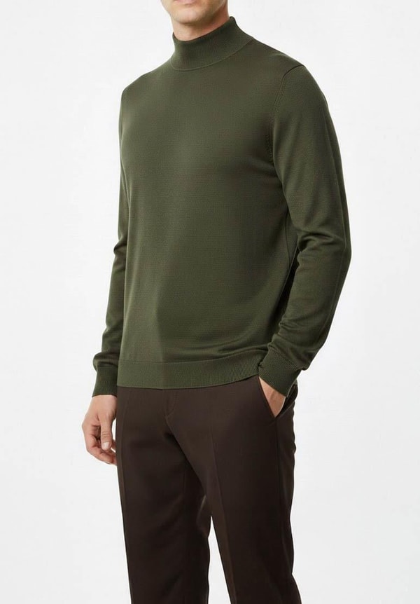 İtalyan stil slim fit yarım balıkçı yaka erkek triko kazak haki T15089