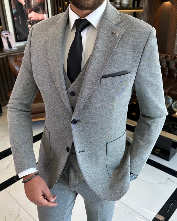 İtalyan stil slim fit yün karışımlı ceket yelek pantolon takım elbise gri T9843
