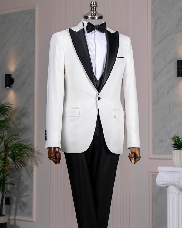 İtalyan stil slim fitı ceket yelek pantolon damatlık set beyaz T14539
