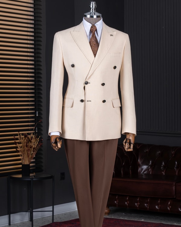İtalyan stil slim kruvaze erkek tek ceket bej T13662