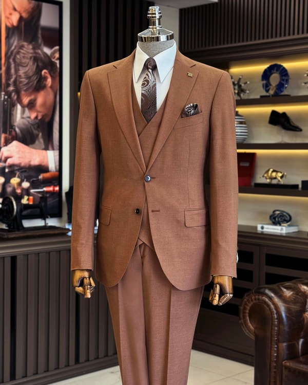 klasik kesim regular fit ceket yelek pantalon takım elbise kiremit  T12247