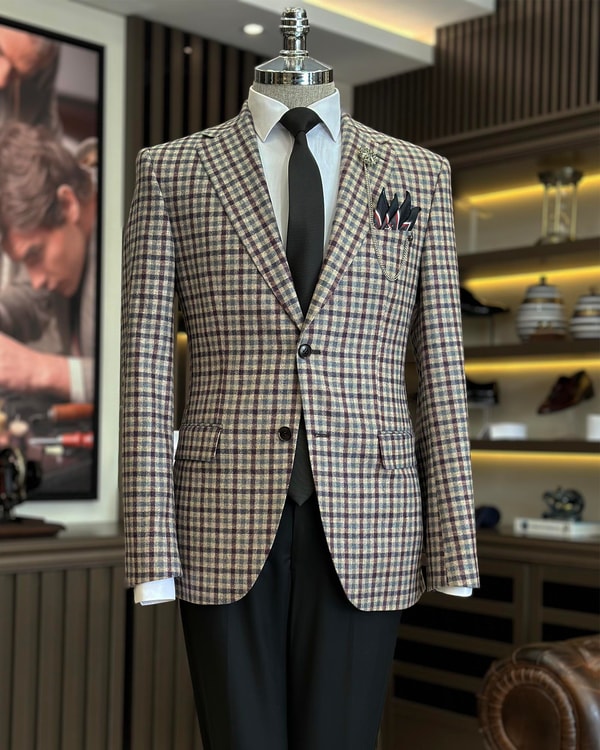 Premium %100 Merinos Yünü Slim Fit Erkek Tek Ceket Vizon T10918