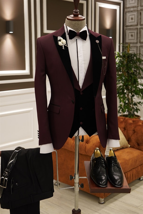 İtalyan kesim ceket yelek pantolon bordo armürlü damatlık T3696 · 3