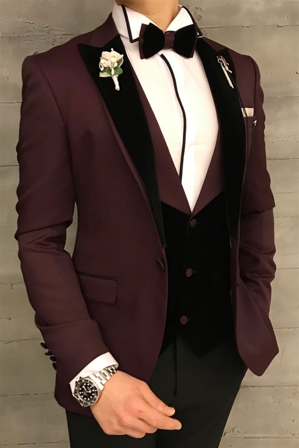 İtalyan kesim ceket yelek pantolon bordo armürlü damatlık T3696 · 6