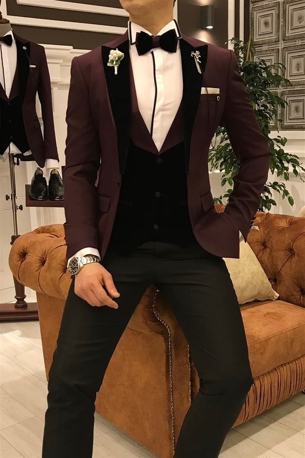 İtalyan kesim ceket yelek pantolon bordo armürlü damatlık T3696 · 2
