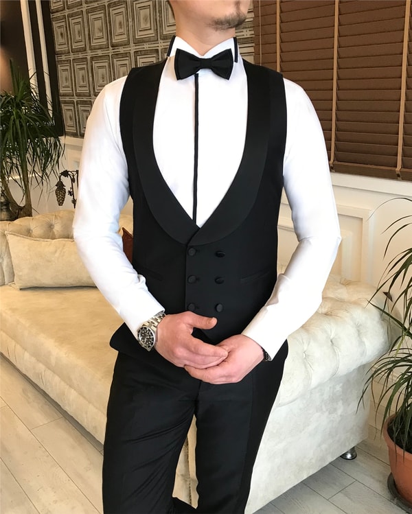 İtalyan kesim ceket yelek pantolon damatlık set düz kumaş Siyah T5895 · 6