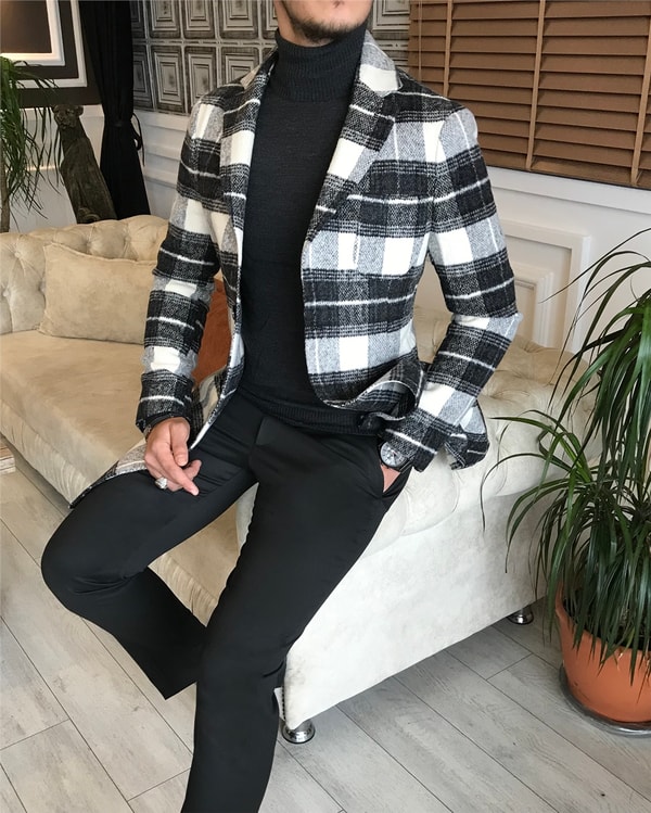 İtalyan stil ceket yaka ekose çok renkli kaşe kaban  T6288 · 4