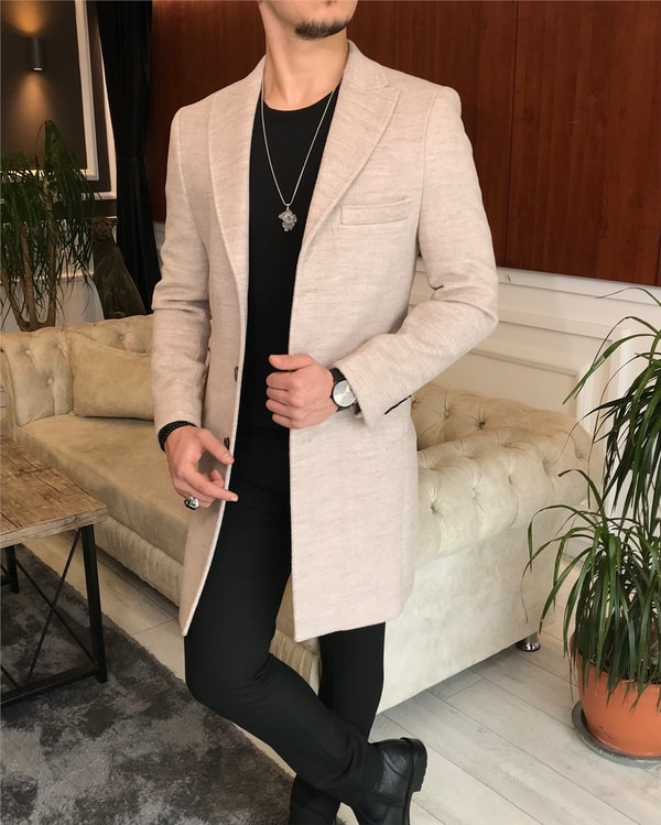 İtalyan stil ceket yaka yün kaşe kaban bej T6703 · 3