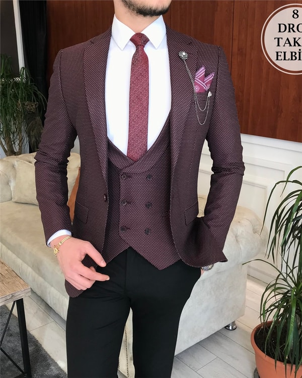 İtalyan Stil Ceket Yelek Pantolon 8 Drop Bordo Takım T4572 · 4