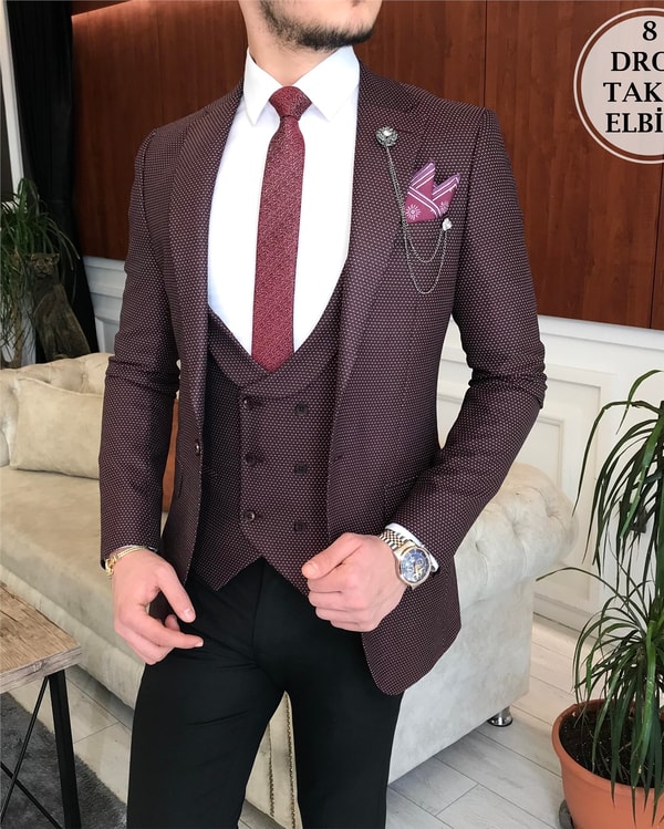 İtalyan Stil Ceket Yelek Pantolon 8 Drop Bordo Takım T4572 · 5