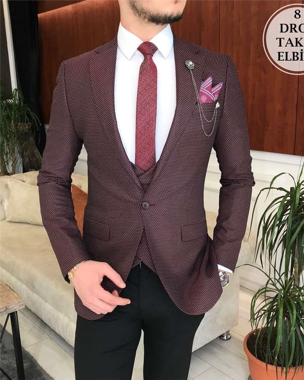 İtalyan Stil Ceket Yelek Pantolon 8 Drop Bordo Takım T4572 · 3
