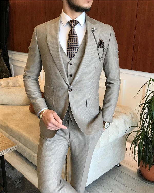 İtalyan stil  ceket yelek pantolon takım elbise bej T6263 · 4