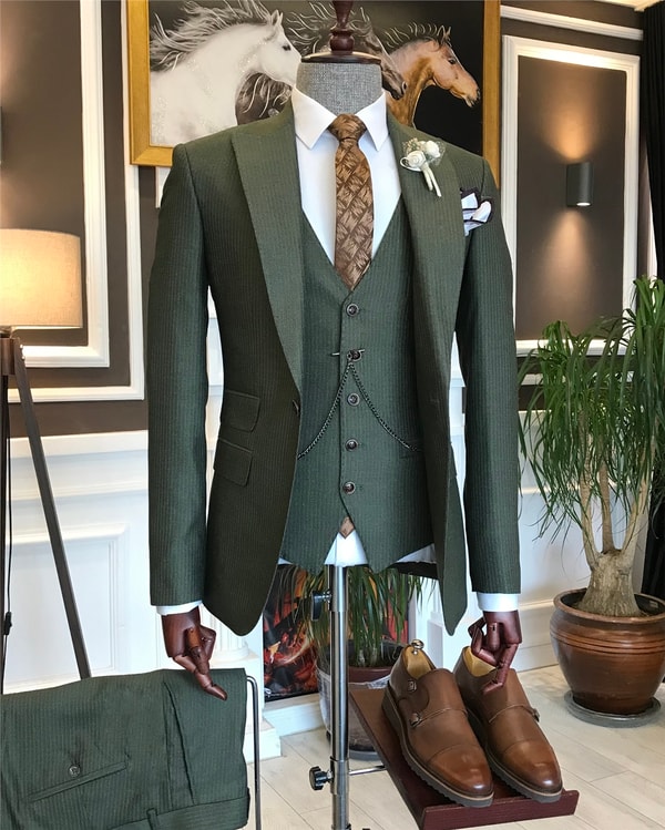 İtalyan stil  ceket yelek pantolon takım elbise yeşil T6265 · 3