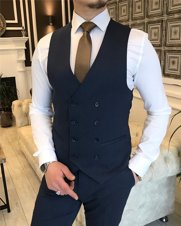 İtalyan stil ceket yelek pantolon takım elbise Lacivert T5275 · 2