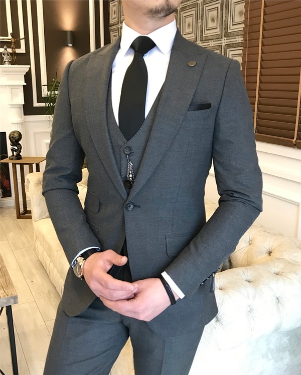 İtalyan stil ceket yelek pantolon takım elbise Koyu Gri T5575 · 5