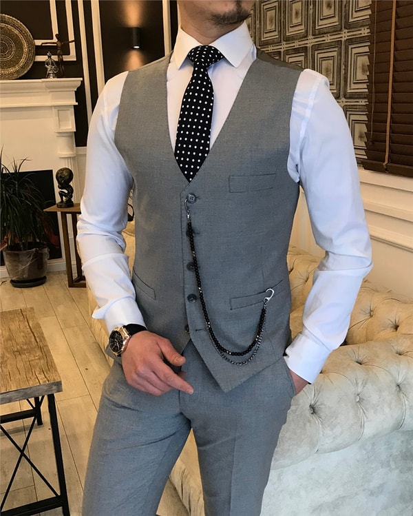 İtalyan stil  ceket yelek pantolon takım elbise Gri T5577 · 4
