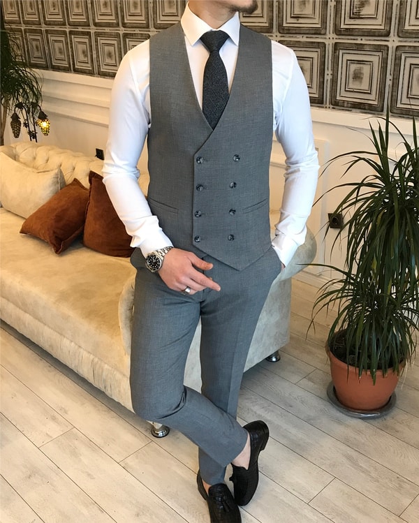 İtalyan stil ceket yelek pantolon takım elbise Gri T5278 · 2