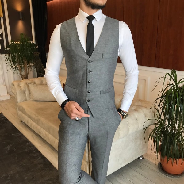 İtalyan stil  ceket yelek pantolon takım elbise gri T6266 · 3