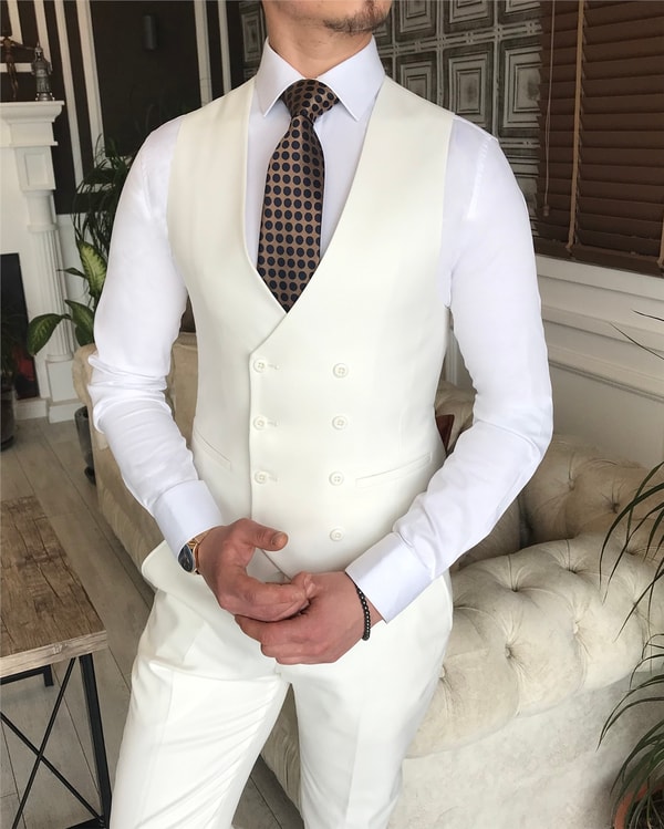 İtalyan stil ceket yelek pantolon takım elbise Beyaz T5856 · 7