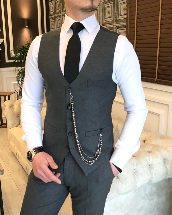 İtalyan stil ceket yelek pantolon takım elbise Koyu Gri T5575 · 4