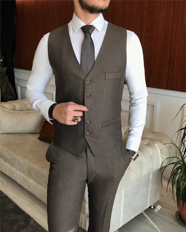 İtalyan stil  ceket yelek pantolon takım elbise kahverengi T6261 · 2