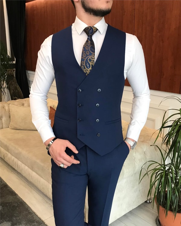 İtalyan stil  ceket yelek pantolon takım elbise lacivert T6257 · 2