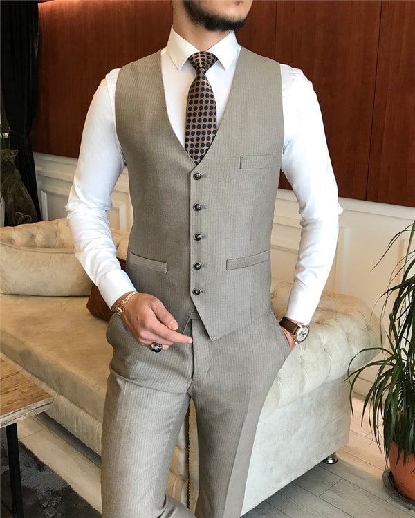 İtalyan stil  ceket yelek pantolon takım elbise bej T6263 · 7