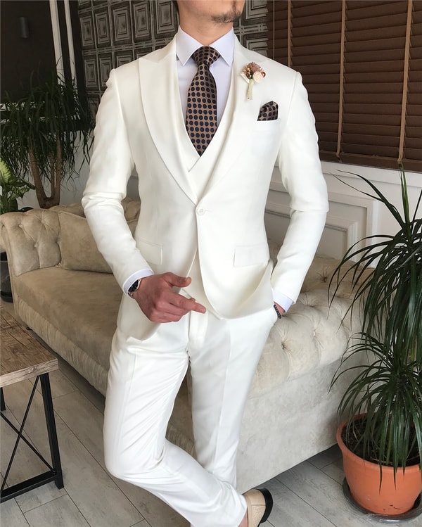 İtalyan stil ceket yelek pantolon takım elbise Beyaz T5856 · 4