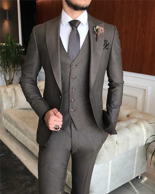 İtalyan stil  ceket yelek pantolon takım elbise kahverengi T6261 · 4