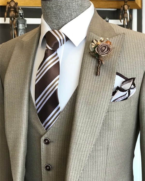 İtalyan stil  ceket yelek pantolon takım elbise bej T6263 · 3
