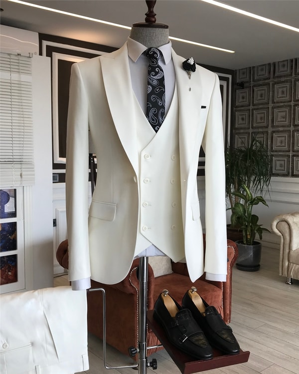 İtalyan stil ceket yelek pantolon takım elbise Beyaz T5856