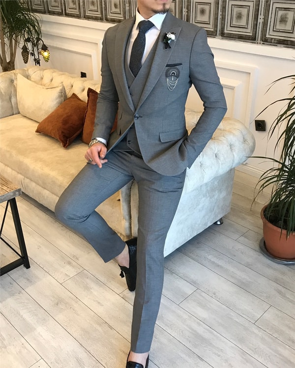 İtalyan stil ceket yelek pantolon takım elbise Gri T5278 · 5
