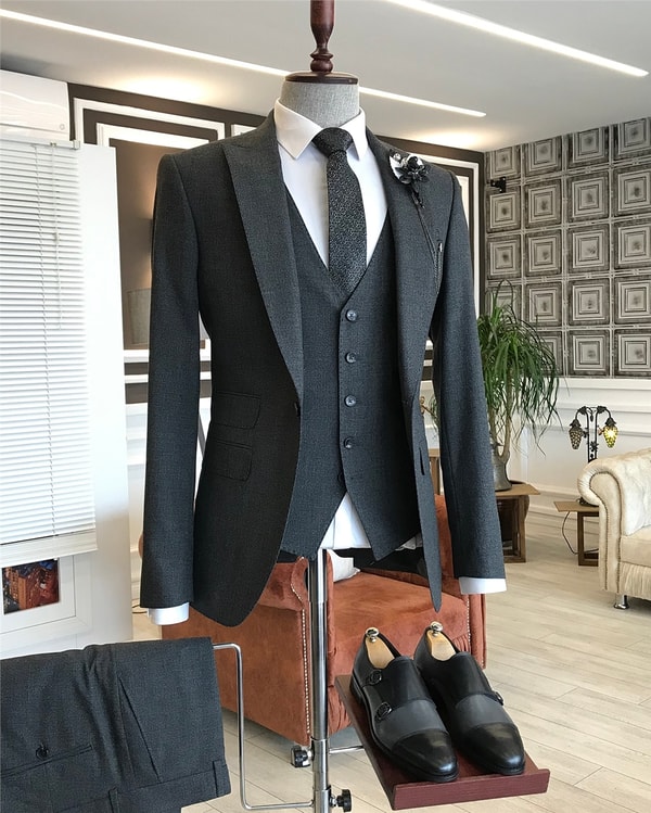 İtalyan stil  ceket yelek pantolon takım elbise Siyah T5574