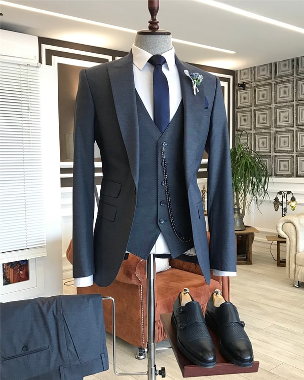 İtalyan stil  ceket yelek pantolon takım elbise Açık Lacivert T5576 · 7
