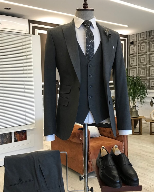 İtalyan stil ceket yelek pantolon takım elbise Koyu Gri T5575 · 6