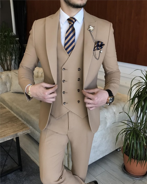 İtalyan stil ceket yelek pantolon takım elbise Açık Camel T5280 · 5
