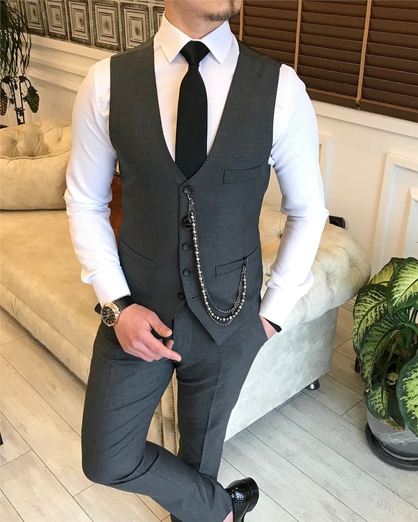 İtalyan stil ceket yelek pantolon takım elbise Koyu Gri T5575 · 2