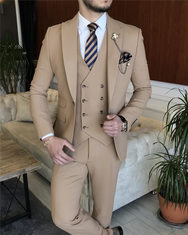 İtalyan stil ceket yelek pantolon takım elbise Açık Camel T5280 · 3