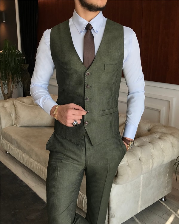 İtalyan stil  ceket yelek pantolon takım elbise yeşil T6265 · 2