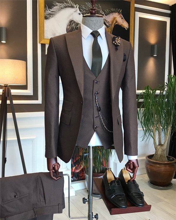 İtalyan stil  ceket yelek pantolon takım elbise kahverengi T6261 · 6