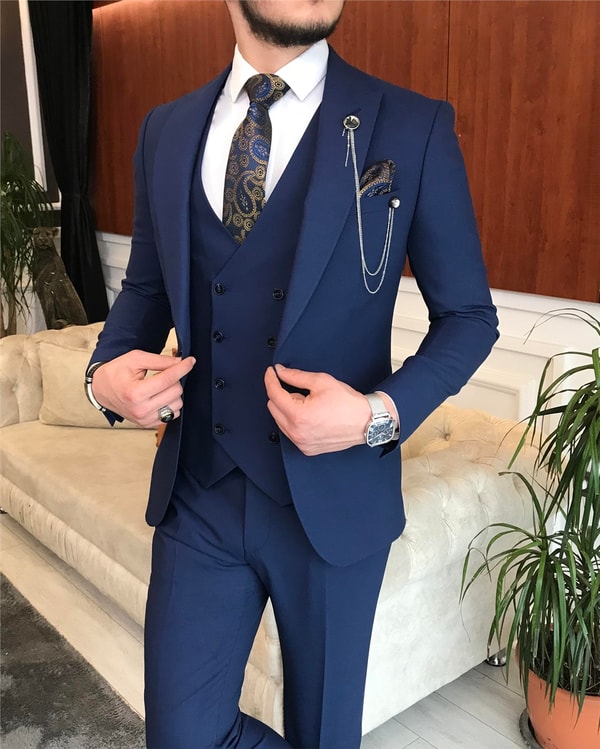 İtalyan stil  ceket yelek pantolon takım elbise lacivert T6257 · 6