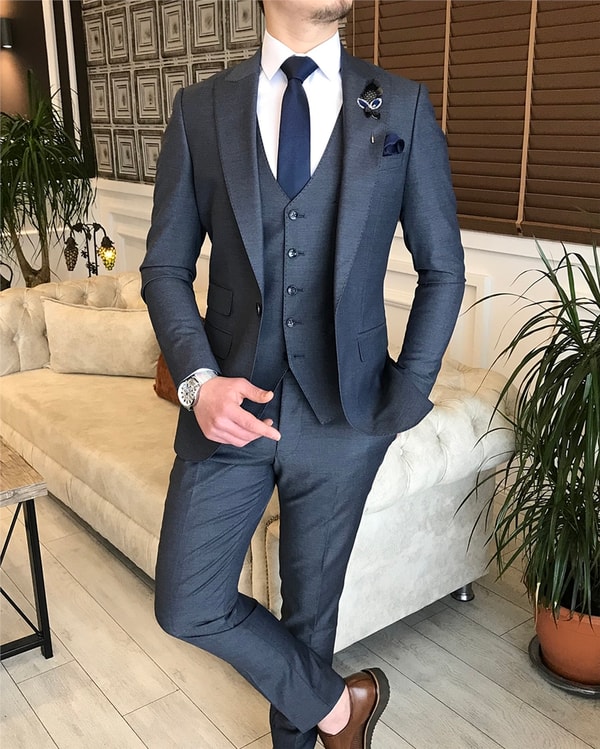 İtalyan stil  ceket yelek pantolon takım elbise Açık Lacivert T5576 · 3