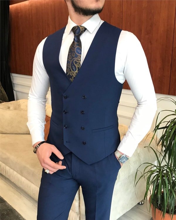 İtalyan stil  ceket yelek pantolon takım elbise lacivert T6257 · 4