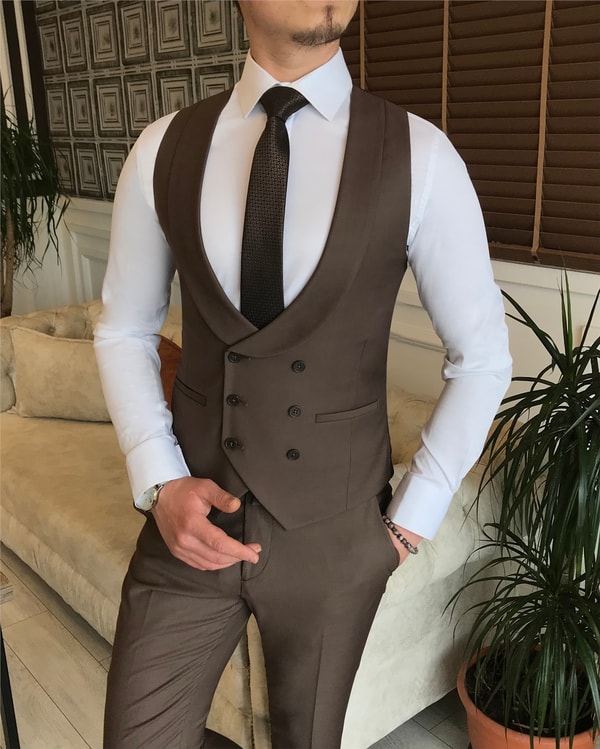 İtalyan stil ceket yelek pantolon takım elbise Kahve T4541 · 5