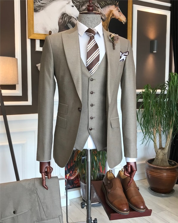 İtalyan stil  ceket yelek pantolon takım elbise bej T6263