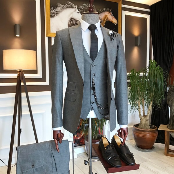 İtalyan stil  ceket yelek pantolon takım elbise gri T6266 · 4