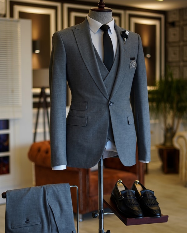 İtalyan stil ceket yelek pantolon takım elbise Gri T5278 · 6