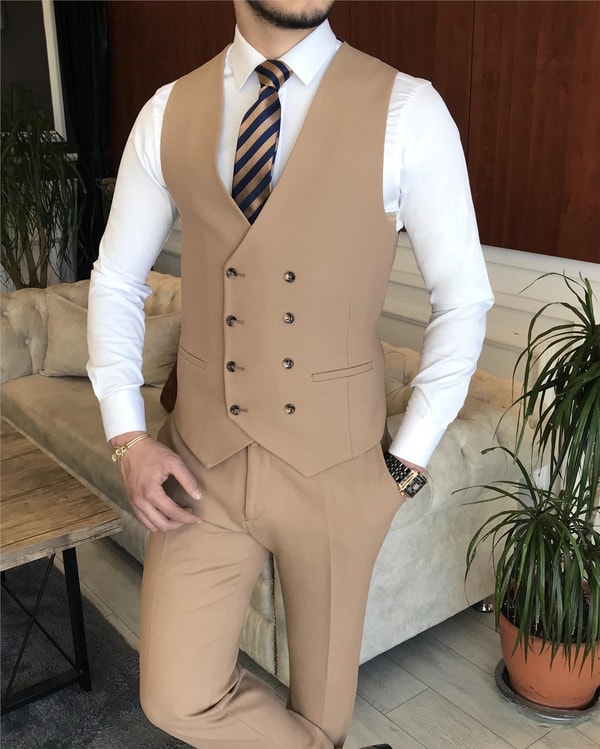 İtalyan stil ceket yelek pantolon takım elbise Açık Camel T5280 · 2