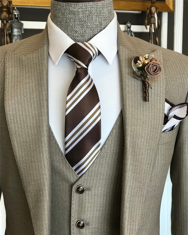 İtalyan stil  ceket yelek pantolon takım elbise bej T6263 · 2