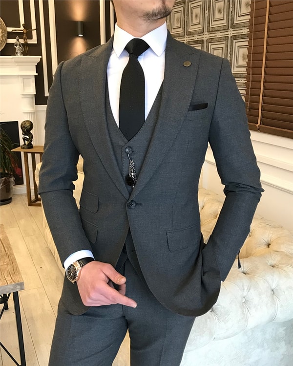 İtalyan stil ceket yelek pantolon takım elbise Koyu Gri T5575 · 7